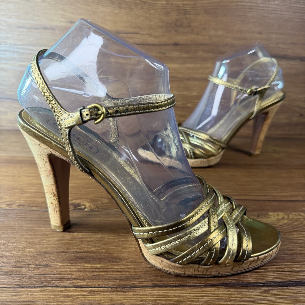 Coach Stephany Strappy Sandal Metallic Gold Size 8 Cork‎ Platform Heel Italy